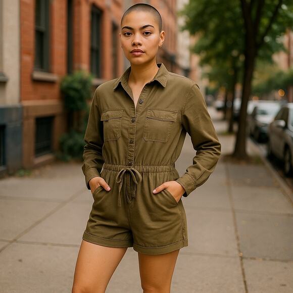 Aeri Minimalist Olive Green Utility Romper Cotton Small - Picture 1 of 8